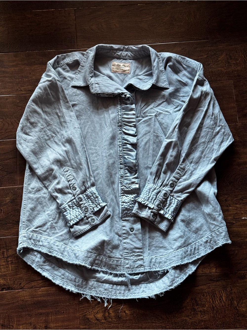 We The Free Light Blue Ruffled Top 100% Cotton Button Down Long Sleeve Top Sz M